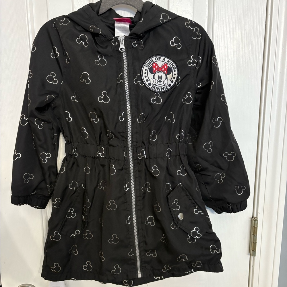 Girls Disney Jr Minnie Mouse Windbreaker Rain Jacket Size 6X Black Silver Hooded